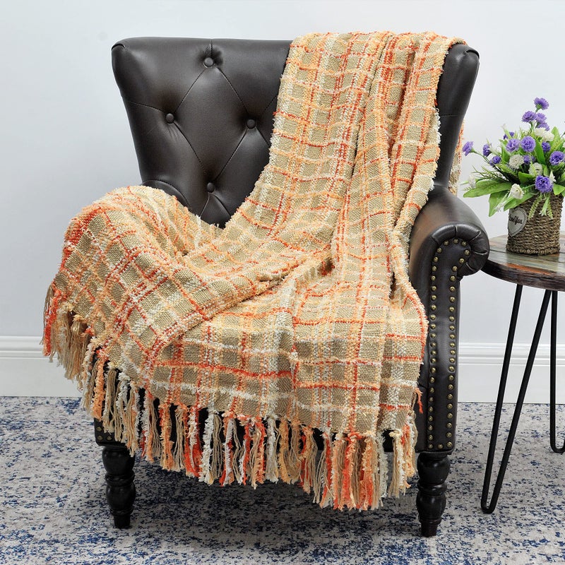 Home Soft Things Multi-Color Chenille Couch Throw Blanket, Burnt Orange, 50" x 60'' Soft Warm Cozy Tartan Blanket with Tassels Throw Blanket for Living Room Bed Sofa Chair DÃ©cor - Image 2